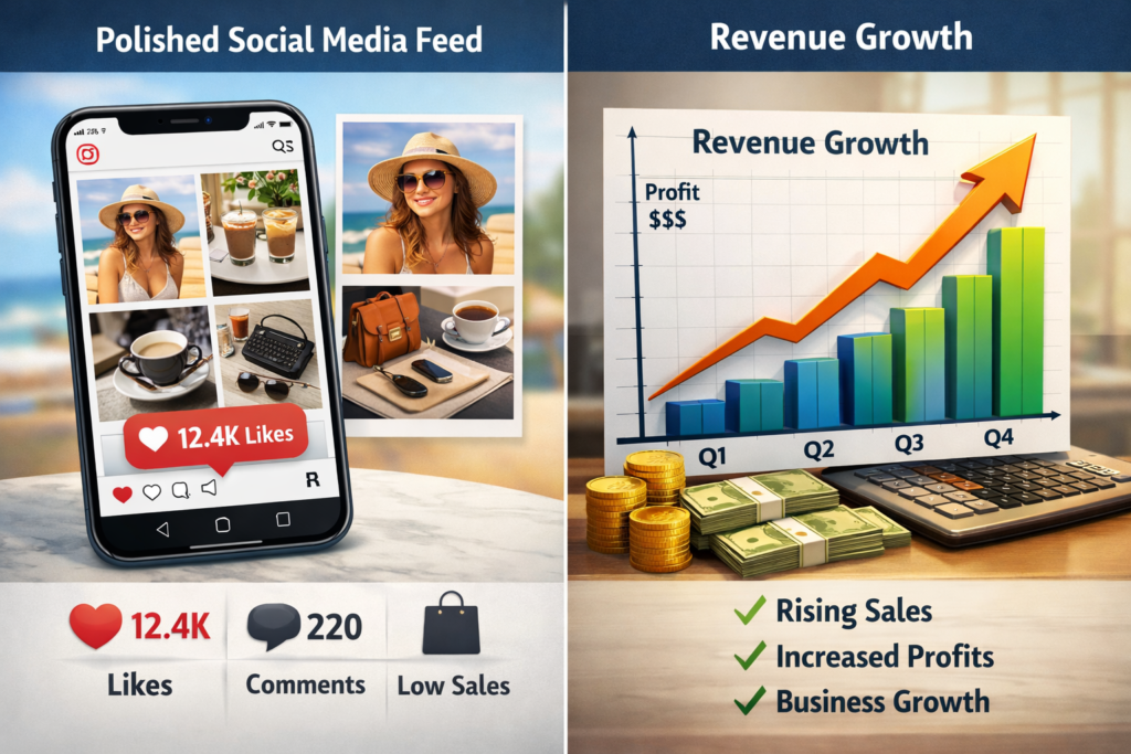 contrast between vanity metrics on social media and real business growth through marketing ROI