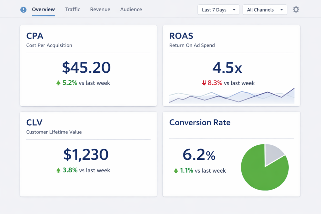 marketing ROI dashboard displaying key performance indicators for a revenue-driven marketing strategy
