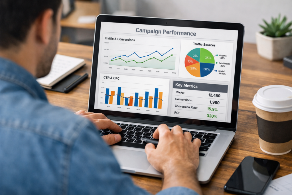 marketer building a revenue-driven marketing strategy by analyzing digital marketing performance data