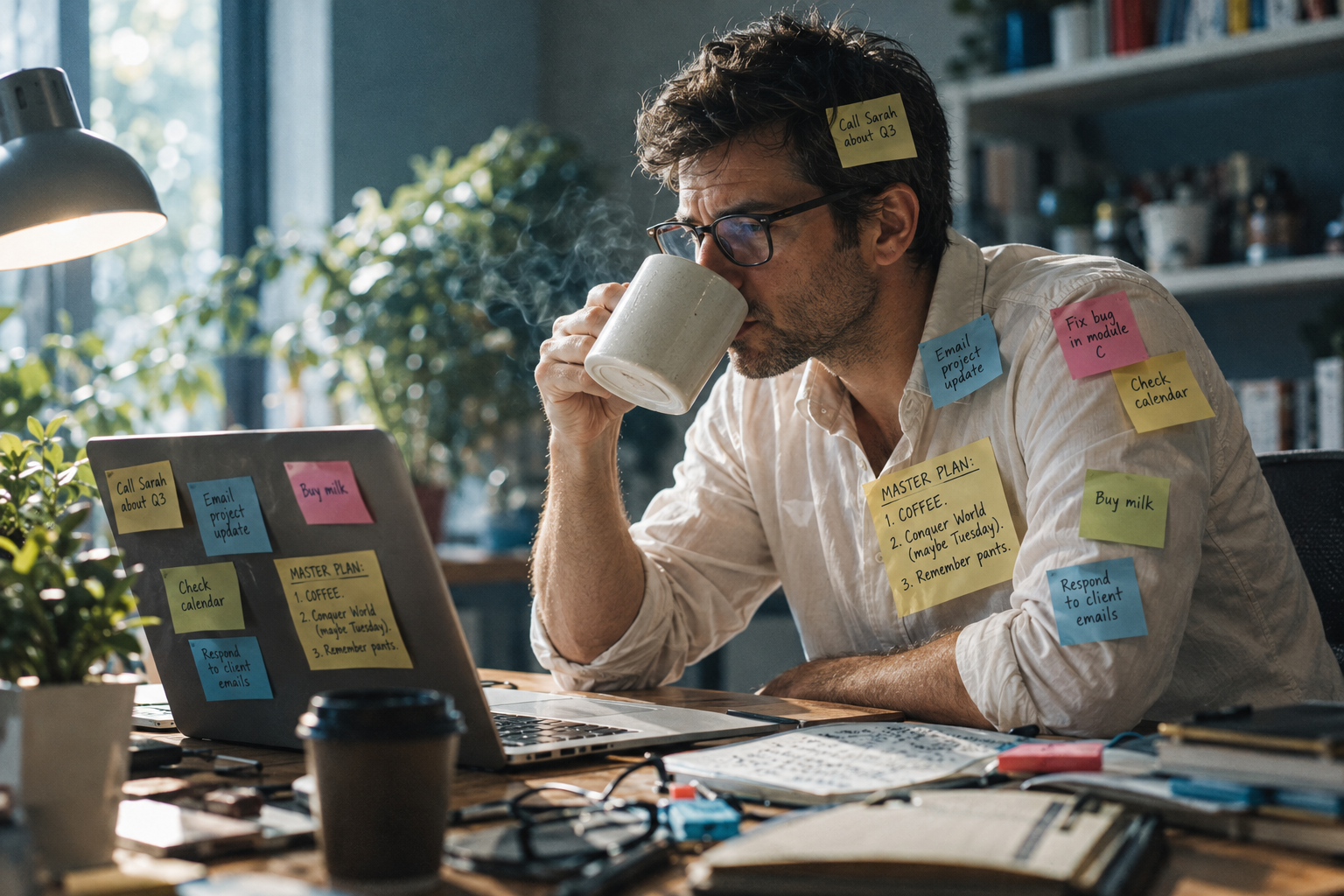 Business owner covered in sticky notes, struggling to set marketing priorities