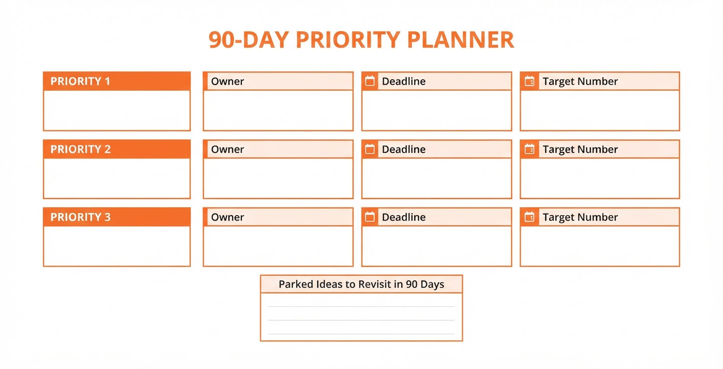 90-day planner to set your marketing priorities with owner, deadline and target number